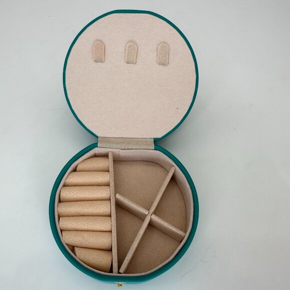 NEW Turquoise Round Travel Jewelry Box Organizer w/ Mirror & Snap Closure - Picture 4 of 7